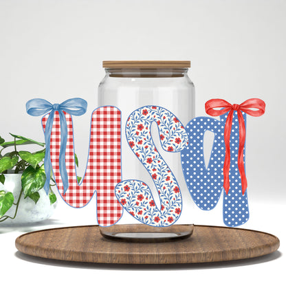 USA gingham and bows UV DTF transfer on a clear glass can