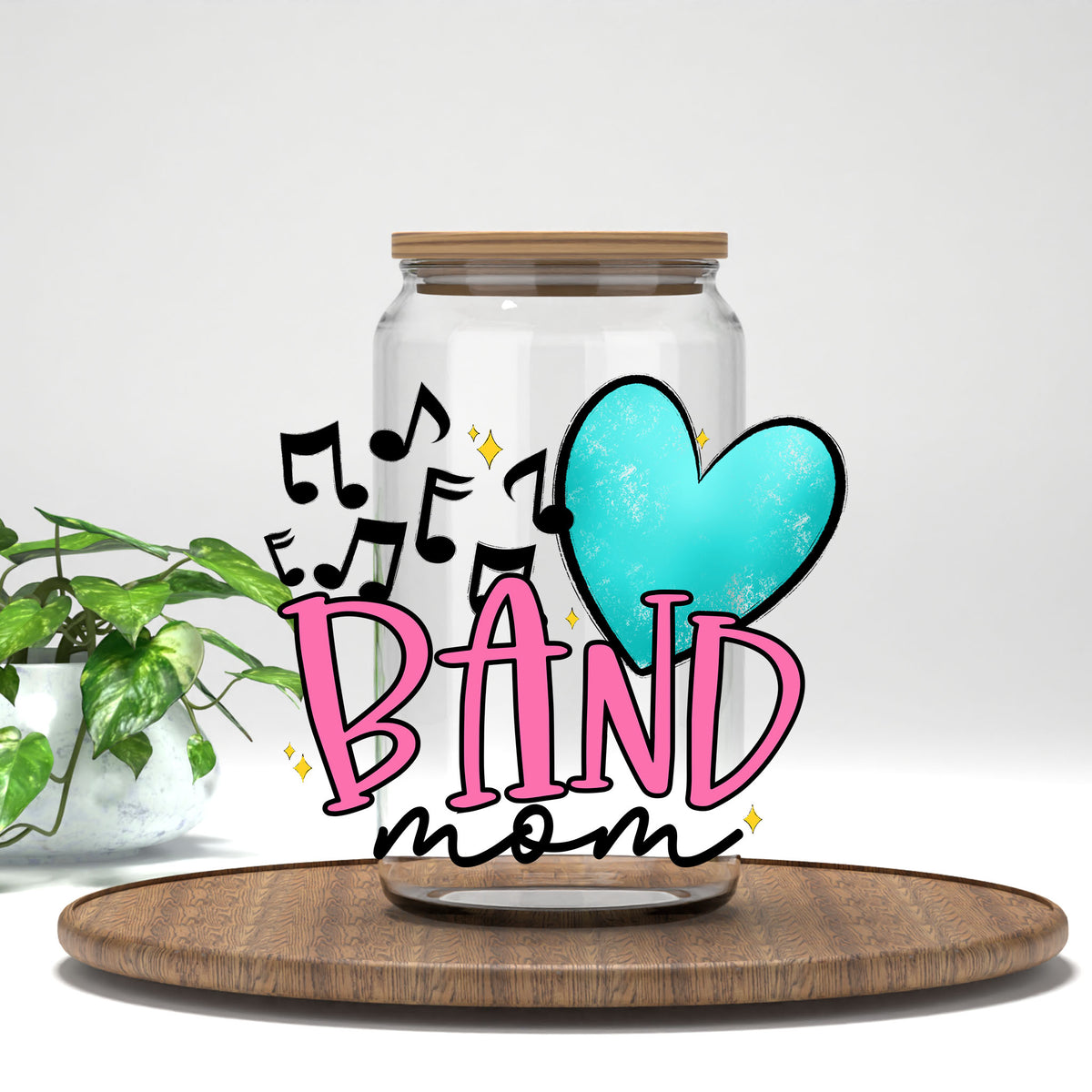 Band Mom UV DTF transfer on a clear glass can