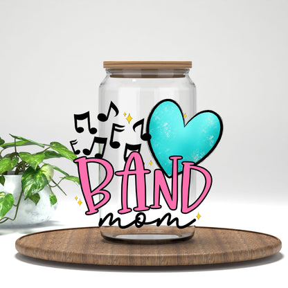 Band Mom UV DTF transfer on a clear glass can
