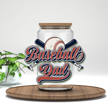 Baseball Dad UV DTF transfer on a clear glass can