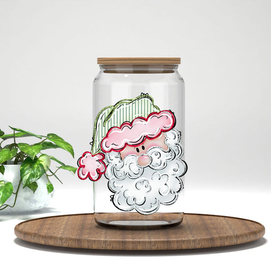 Pink Santa Face UV DTF transfer on a clear glass can