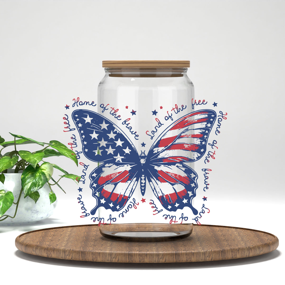 Land of the Free UV DTF transfer on a clear glass can