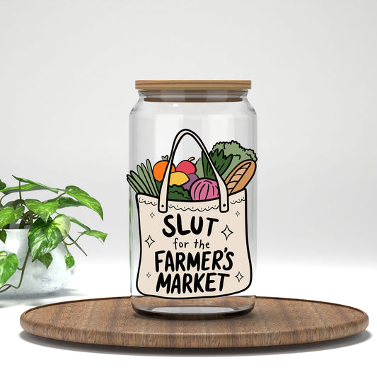 Sl*t for the Farmer's Market UV DTF transfer on a clear glass can