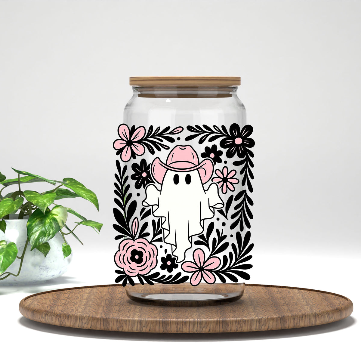 Pink Cowboy Ghost UV DTF transfer on a clear glass can