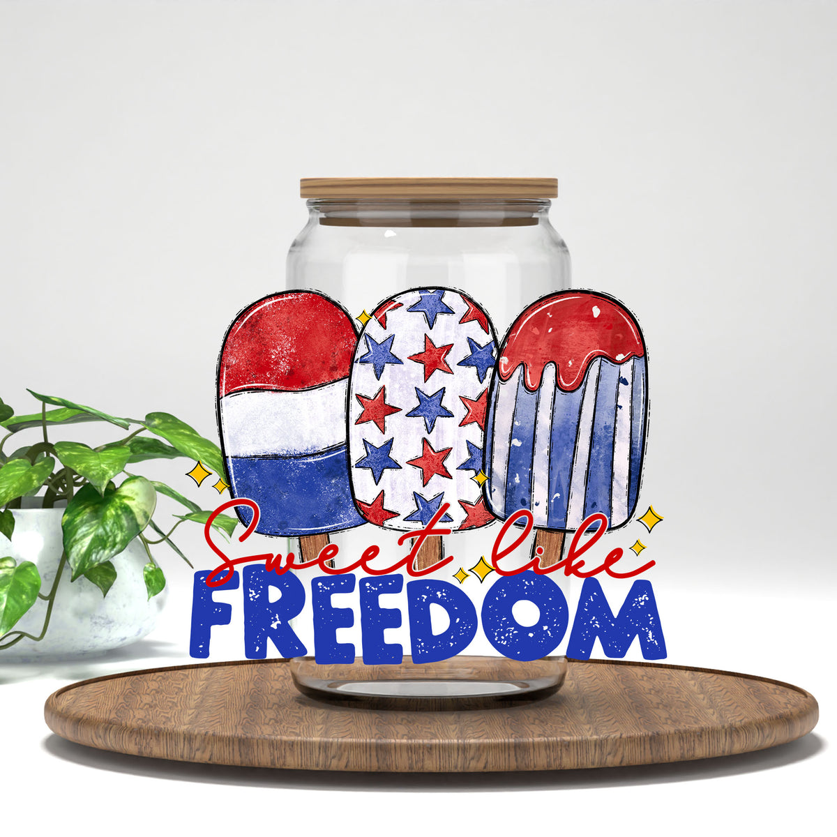 Sweet Like Freedom UV DTF transfer on a clear glass can