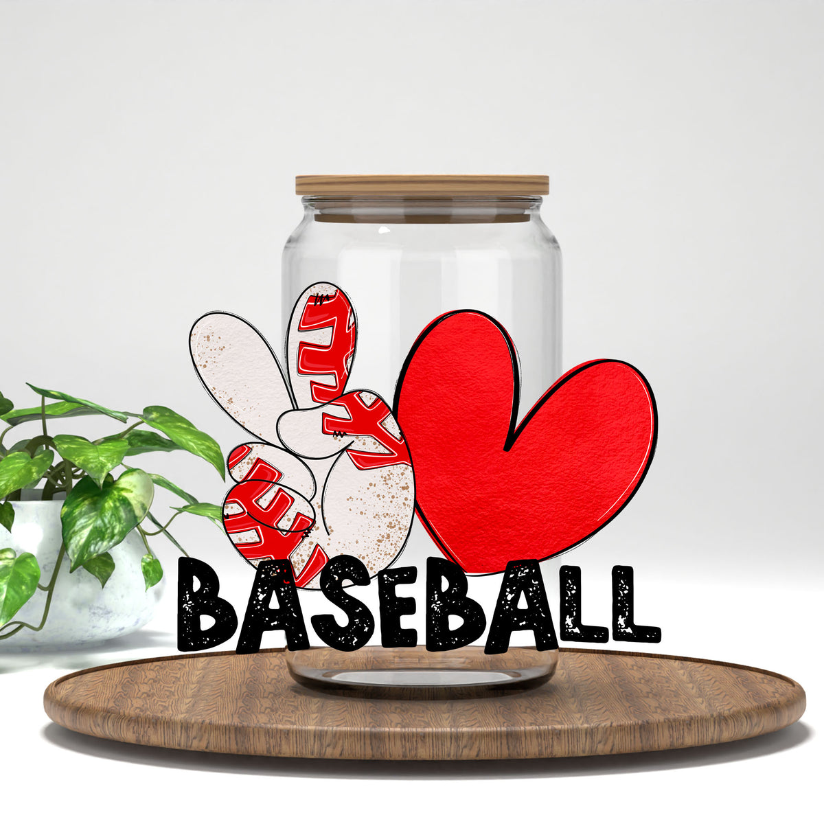 Peace Love Baseball UV DTF transfer on a clear glass can