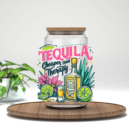 Tequila Cheaper Than Therapy bottle and agave UV DTF transfer on a clear glass can