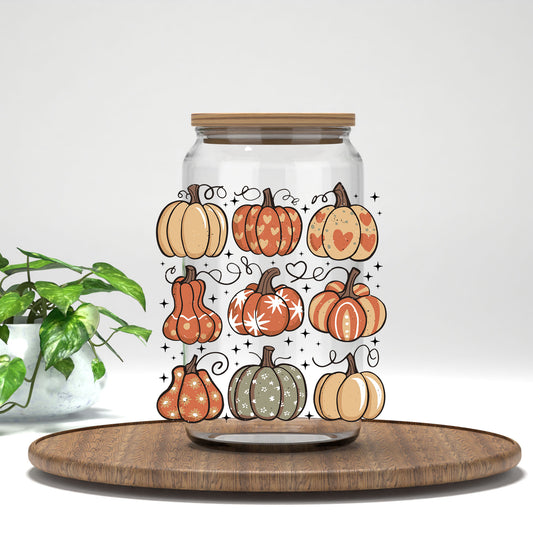 Retro Pumpkin UV DTF transfer on a clear glass can