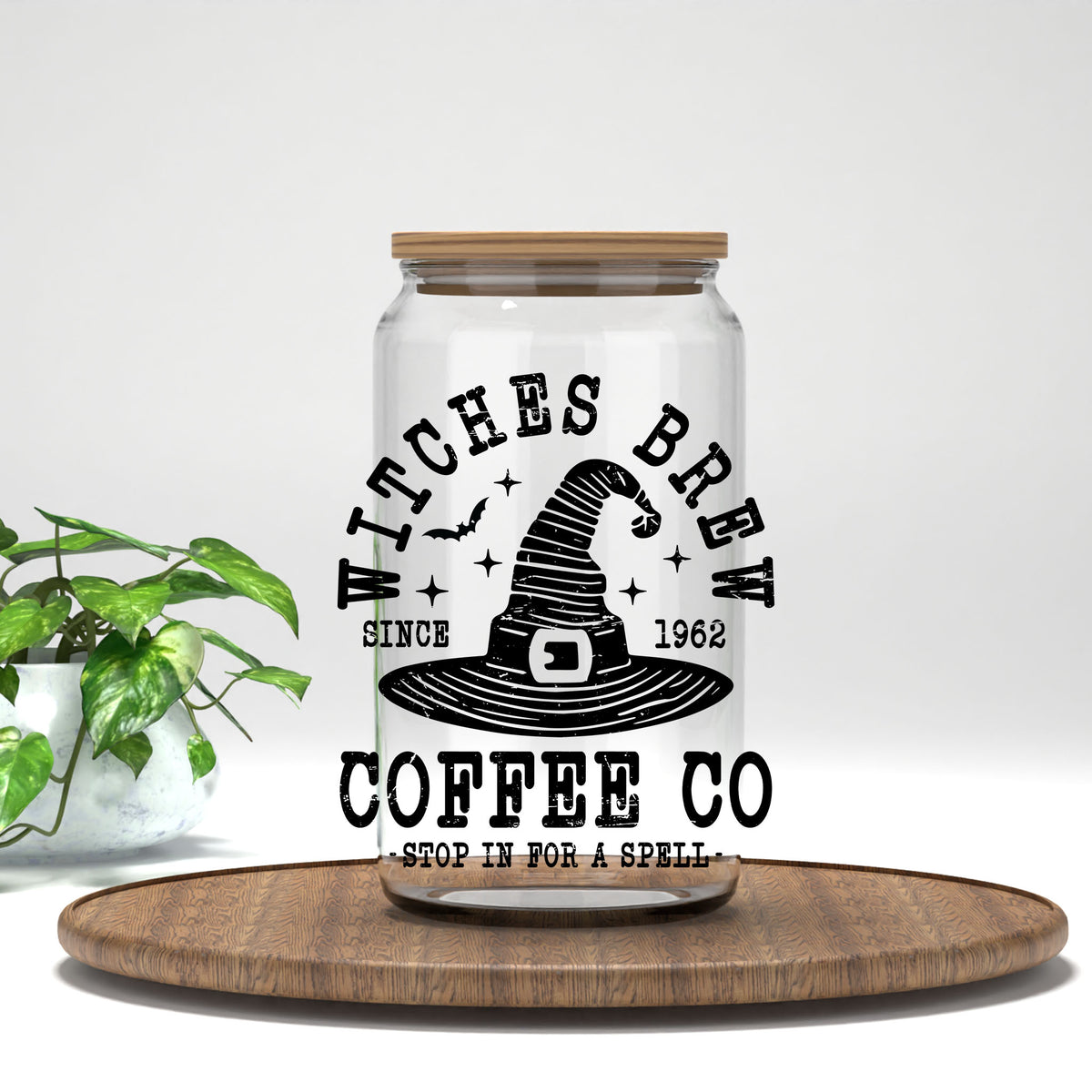 Witches Brew Coffee Co UV DTF transfer on a clear glass can