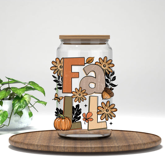 Boho Fall UV DTF transfer on a clear glass can