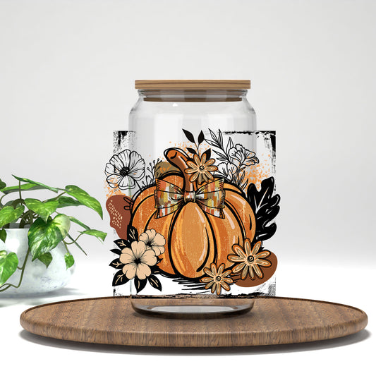 Retro Boho Pumpkin UV DTF transfer on a clear glass can