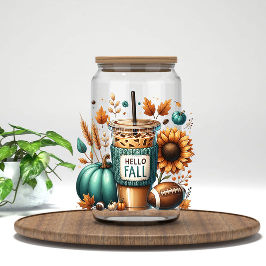 Hello Fall Iced Coffee UV DTF transfer on a clear glass can