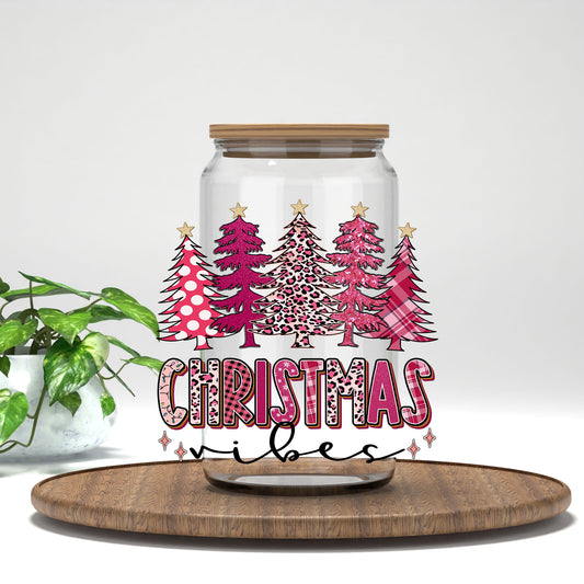 Christmas Vibes UV DTF transfer on a clear glass can