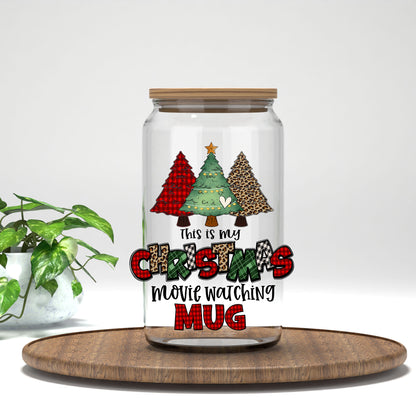 This Is My Christmas Movie Watching Mug UV DTF transfer on a clear glass can