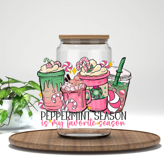 Peppermint Season UV DTF transfer on a clear glass can