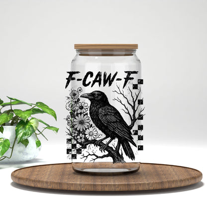 F-CAW-F black raven and flowers UV DTF transfer on a clear glass can