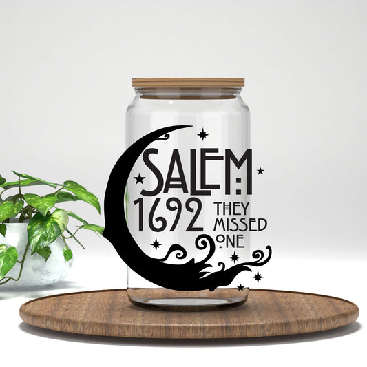 Salem 1692 They Missed One UV DTF transfer on a clear glass can