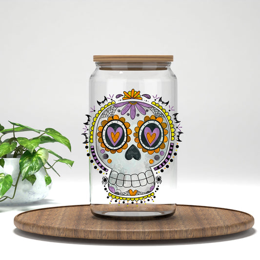 Halloween Sugar Skull UV DTF transfer on a clear glass can
