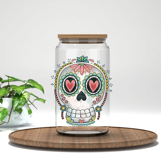 Sugar Skull Heart Eyes UV DTF transfer on a clear glass can