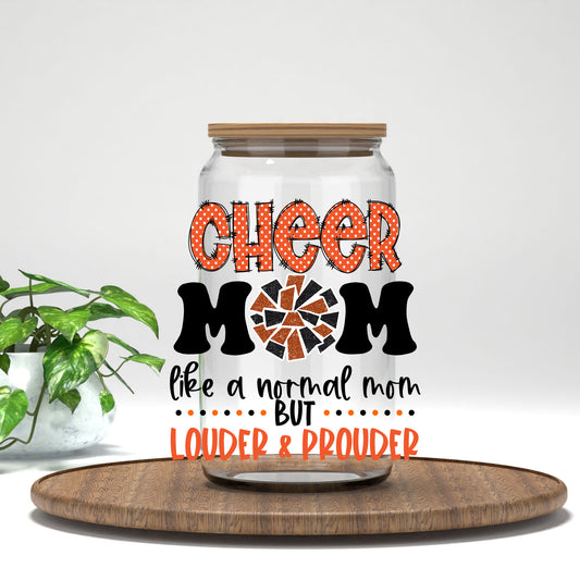 Cheer Mom orange letters UV DTF transfer on a clear glass can