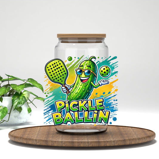 Pickle Ballin pickle in sunglasses UV DTF transfer on a clear glass can