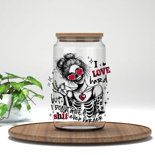 I Love Hard skeleton in heart sunglasses UV DTF transfer on a clear glass can