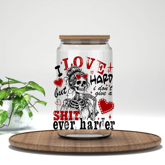 I Love Hard skeleton with hearts UV DTF transfer on a clear glass can