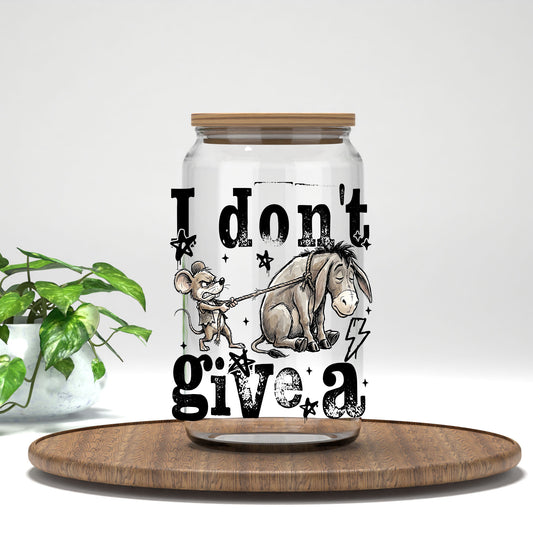 I Don't Give a Rat's A*s UV DTF transfer on a clear glass can