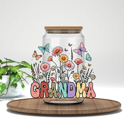 Grandma wildflowers and butterflies UV DTF transfer on a clear glass can