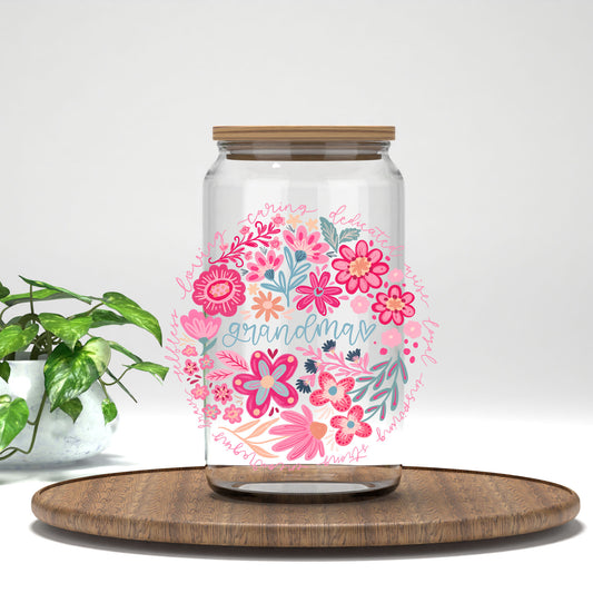 Grandma pink floral circle UV DTF transfer on a clear glass can