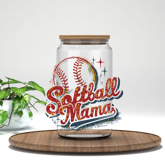 Softball Mama retro script UV DTF transfer on a clear glass can