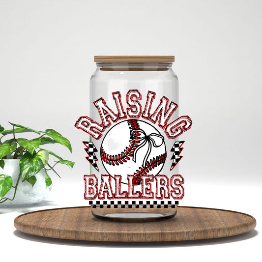 Raising Ballers UV DTF transfer on a clear glass can