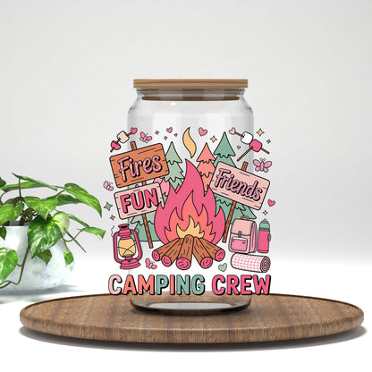 Camping Crew UV DTF transfer on a clear glass can