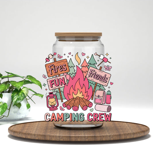 Camping Crew UV DTF transfer on a clear glass can