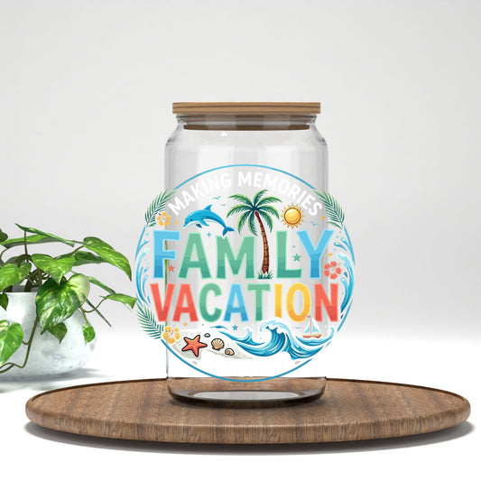 Family Vacation UV DTF transfer on a clear glass can