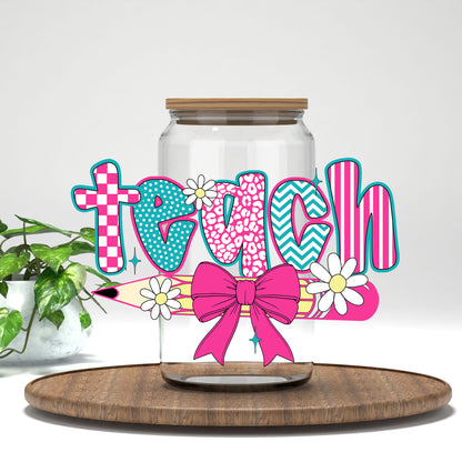 Teach pink bow and pencil UV DTF transfer on a clear glass can