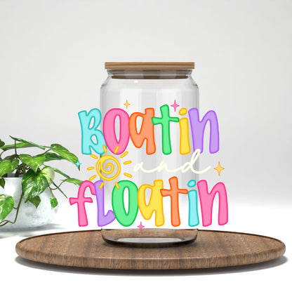 Boatin' and Floatin' UV DTF transfer on a clear glass can