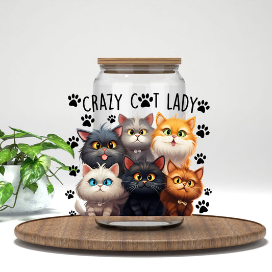 Crazy Cat Lady UV DTF transfer on a clear glass can