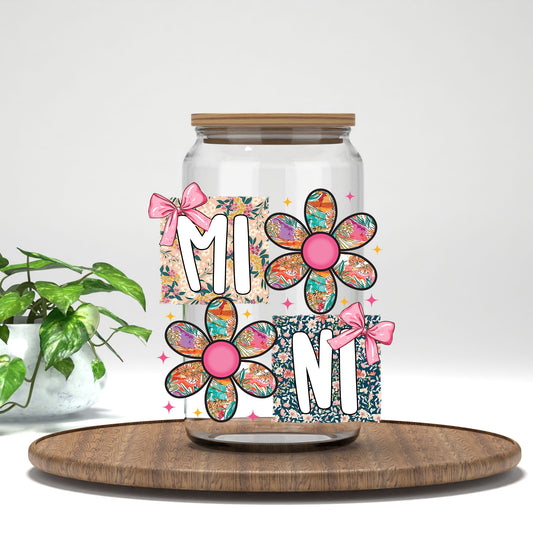 Mini patchwork daisy UV DTF transfer on a clear glass can