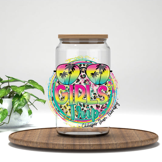 Girls Trip Cheaper Than Therapy UV DTF transfer on a clear glass can