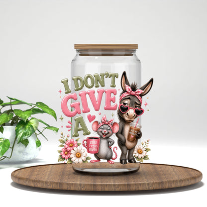 I Don't Give a Rat's A*s mouse and donkey with flowers UV DTF transfer on a clear glass can