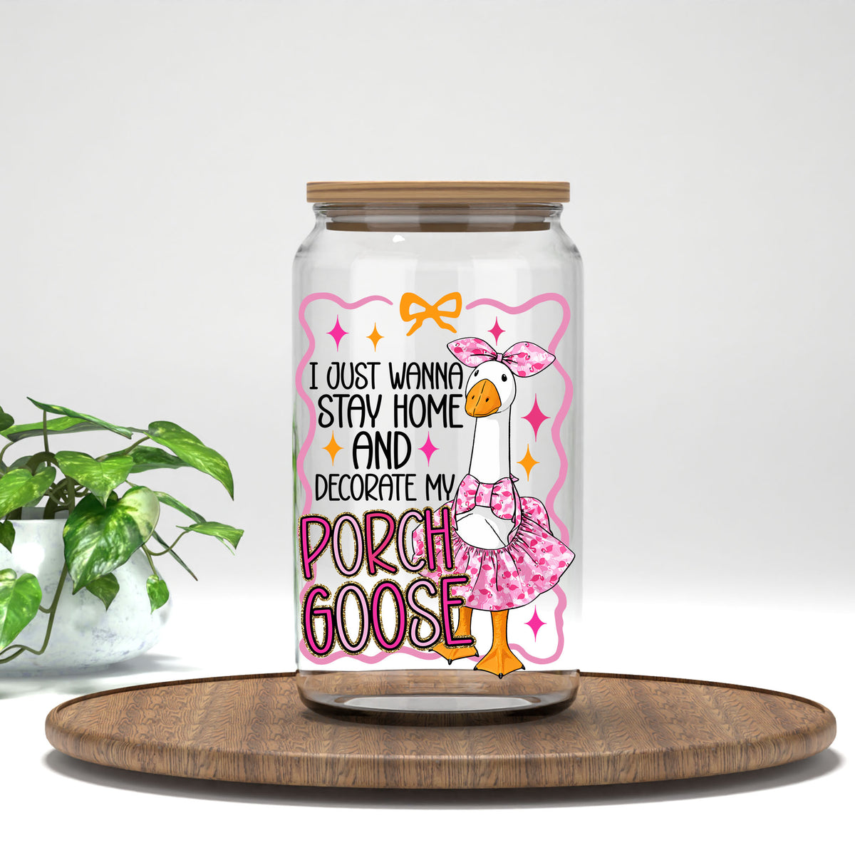 Porch Goose UV DTF transfer on a clear glass can