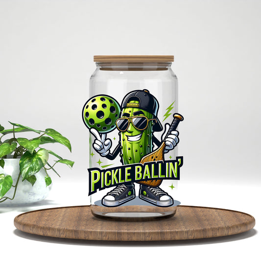 Pickle Ballin pickle in a cap UV DTF transfer on a clear glass can