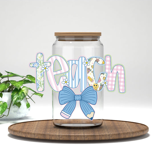 Teach pastel bow and pencil UV DTF transfer on a clear glass can