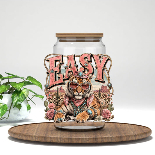 Easy Tiger UV DTF transfer on a clear glass can