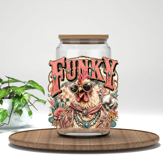 Funky Chicken UV DTF transfer on a clear glass can