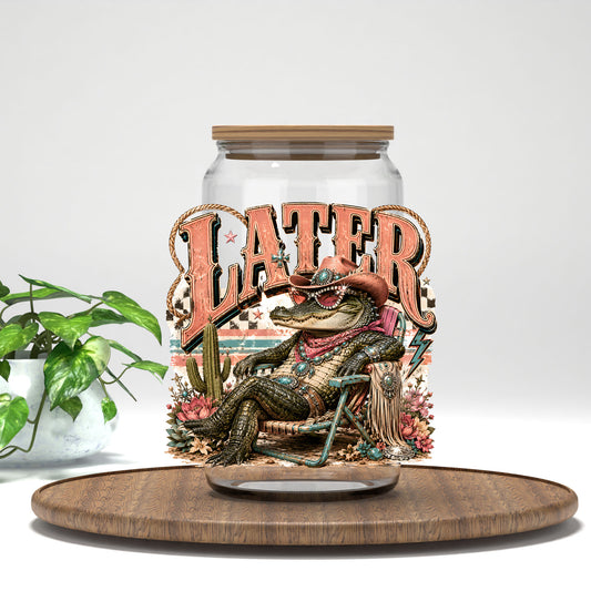 Later Gator UV DTF transfer on a clear glass can