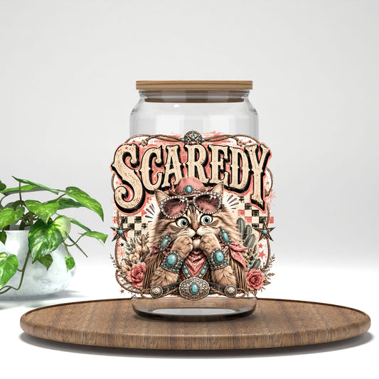 Scaredy Cat UV DTF transfer on a clear glass can