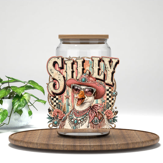Silly Goose UV DTF transfer on a clear glass can