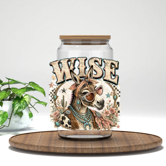 Wise A*s UV DTF transfer on a clear glass can